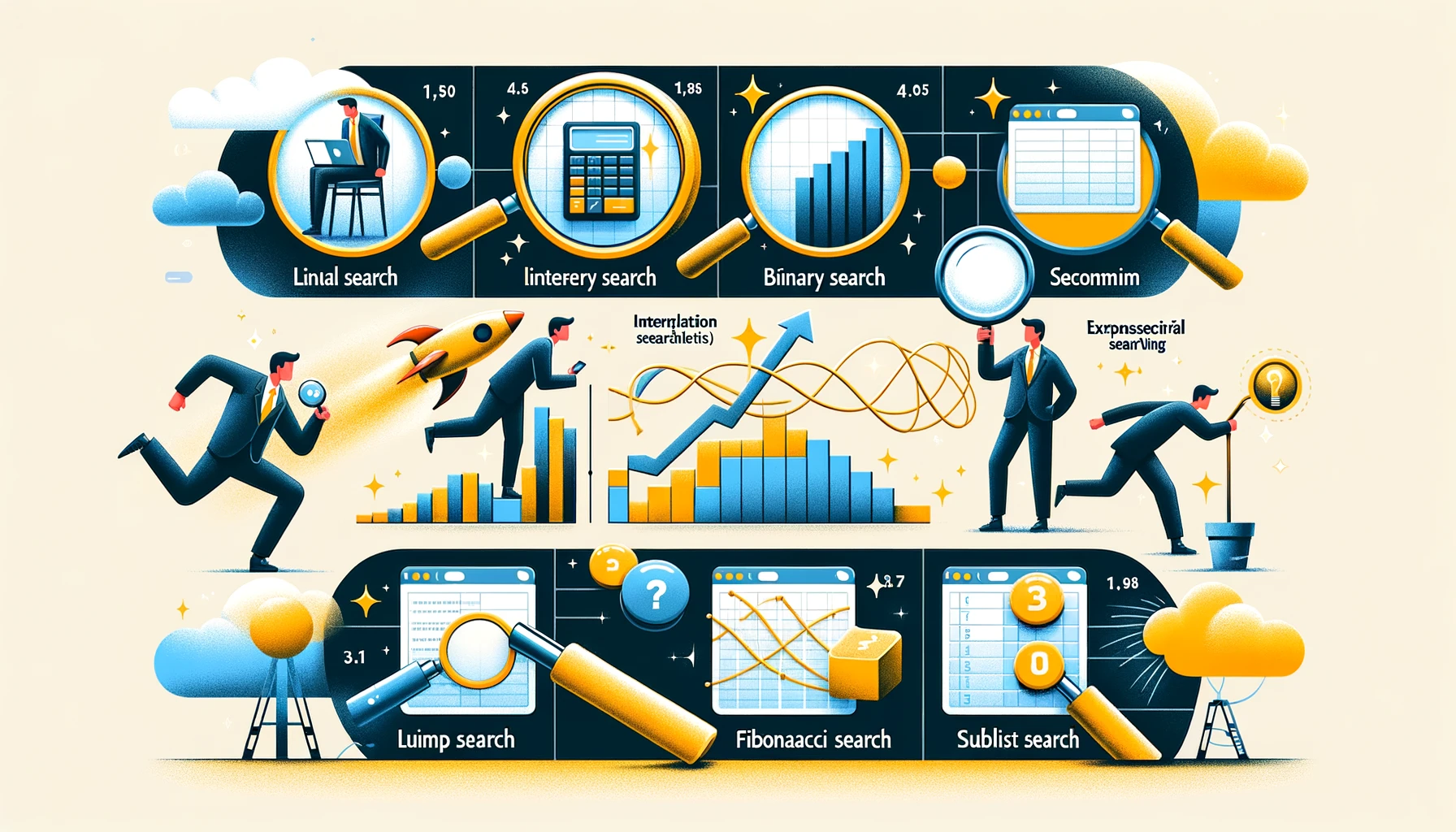 Explore the world of searching algorithms with our comprehensive guide. Understand linear, binary, interpolation, exponential, jump, and Fibonacci search algorithms through clear explanations and examples.