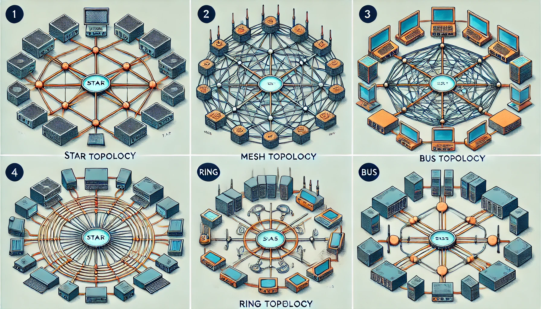 Network topology define how devices in a network are connected and communicate. Here's a deep dive into four common topologies: Star, Mesh, Ring, and Bus.